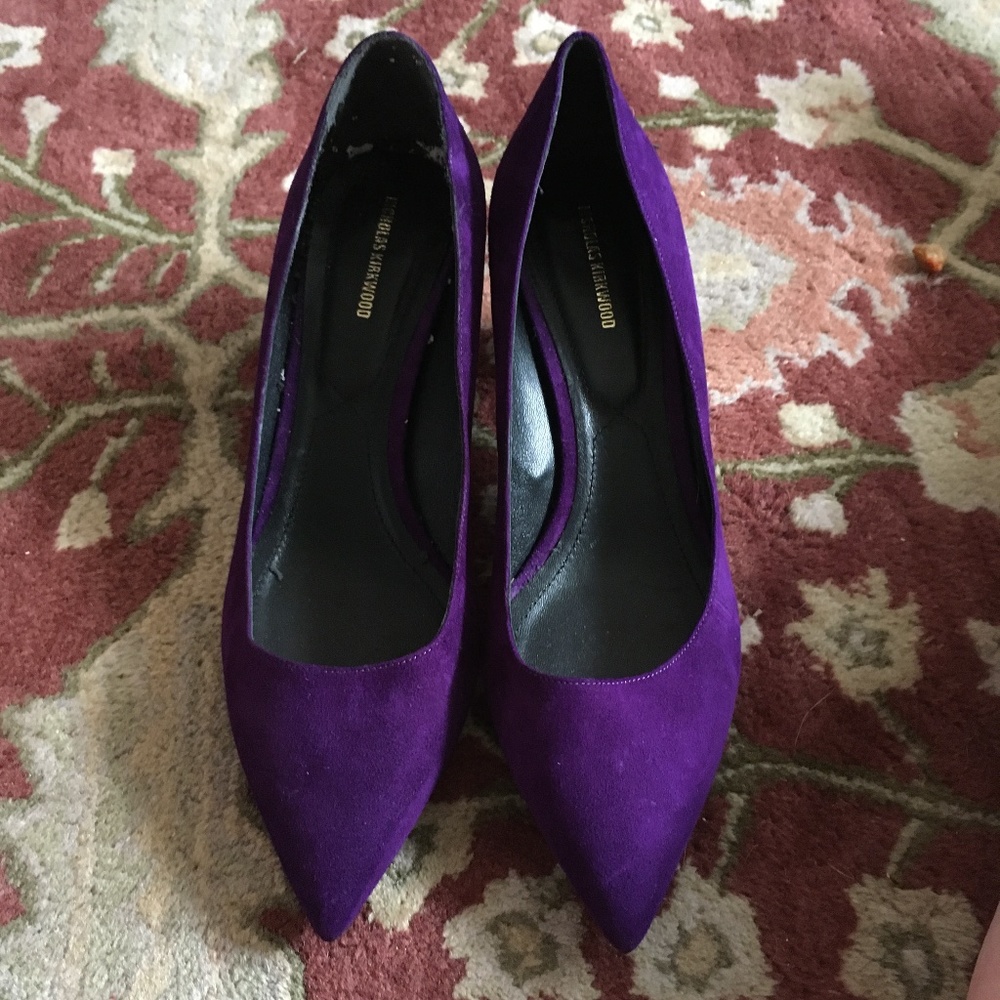 NICHOLAS KIRKWOOD Purple Suede Gold Sculptural Heel Pumps 41.5